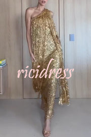 Holiday Muse Sequined Slit Tassels One Shoulder H-line Maxi Dress