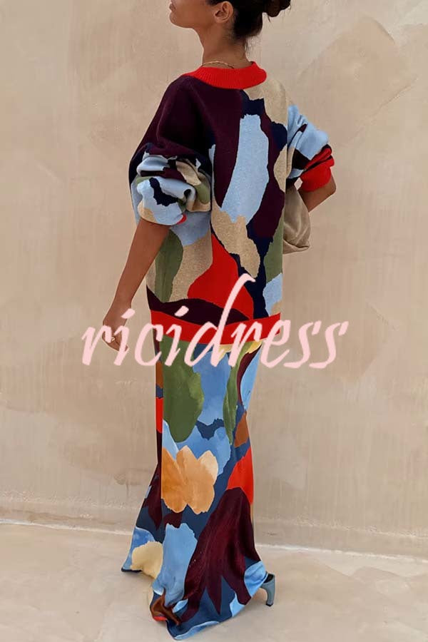 Bright and Bold Satin Abstract Color Blocks Print Elastic Waist Drape Maxi Skirt