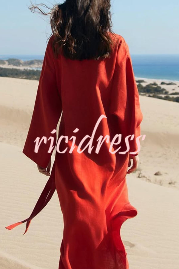 Linen Blend Solid Color Casual Lapel Tie Loose Maxi Dress