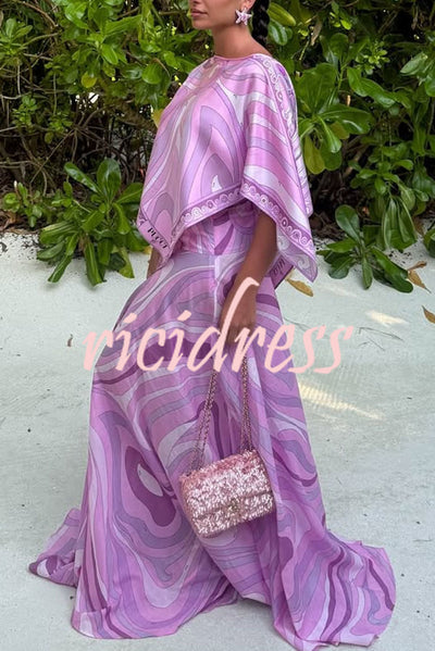 Anzio Satin Unique Print Cape Top and High Rise Elastic Waist A-line Maxi Skirt Set