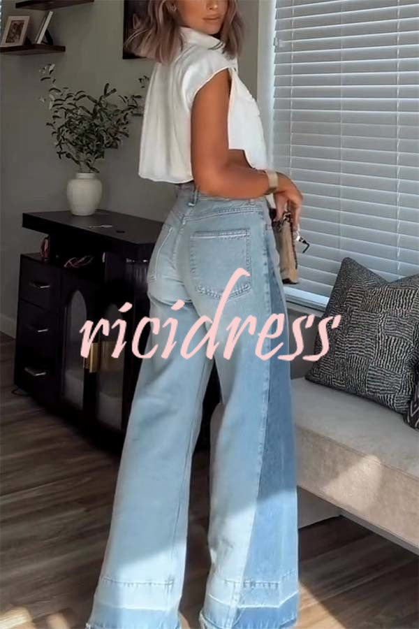 Ellison Denim Side Colorblock High Rise Pocket Wide Leg Jeans