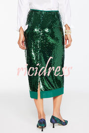 Shimmer Scene Sequin Patchwork Hem High Rise Slit Pencil Midi Skirt