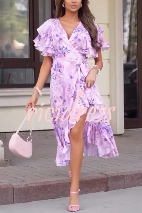 Unique Printed V-neck Ruffled Loose Midi Dress