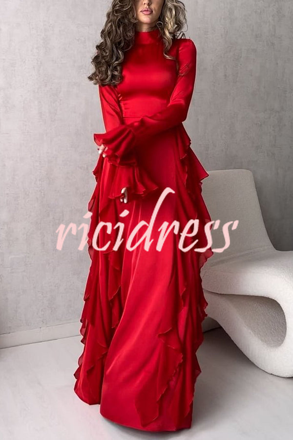 Cline Solid Color High Neck Long Sleeve Elegant Ruffles Maxi Dress