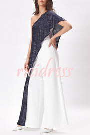 Party Favors Sequin One Shoulder Ruffle Detail Wide Leg Evening Jumpsuit