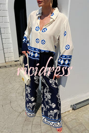 Unique Printed Lapel Long-sleeved Loose Top and Elastic Waist Casual Wide-leg Pants Set