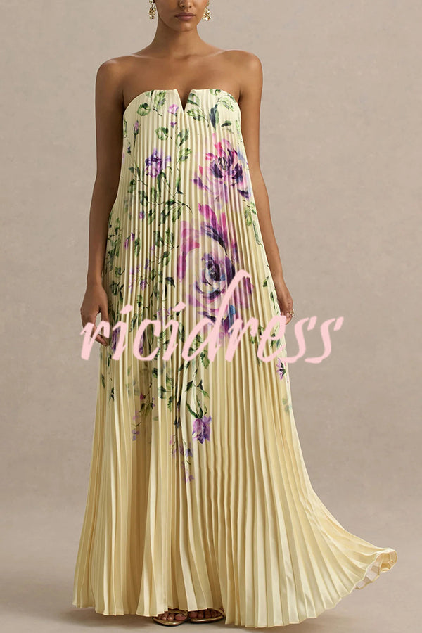 For Every Occasion Satin Pleated Floral Print V-wire Bandeau Neck Maxi Dress