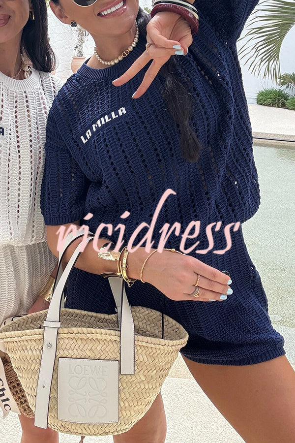 Fashionable Hollow Knit Short-sleeved Top and Elastic High-waist Casual Shorts Set