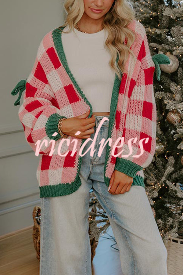 Holiday Cozy Checkered Knit Color-blocked Plaid Bow Long-sleeved Cardigan