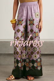 Satin Unique Print Loose Batwing Sleeve Top and Elastic Waist Pocket Casual Wide-leg Pants Set
