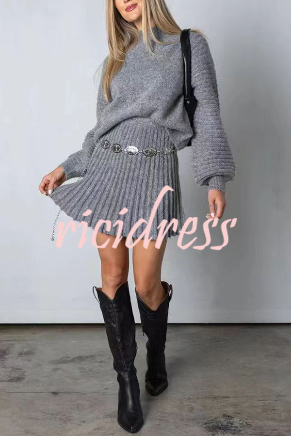 Solid Color Round Neck Puff Sleeve Loose Knit Sweater and Casual Striped Mini Skirt Set