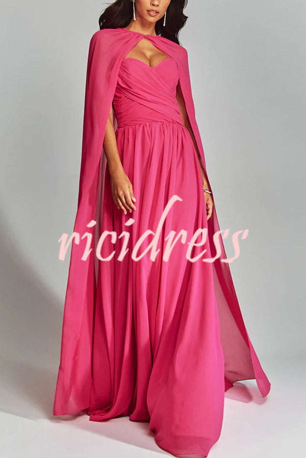 Romantic Party Chiffon Off Shoulder Sweetheart Neck Ruched Cape Maxi Dress