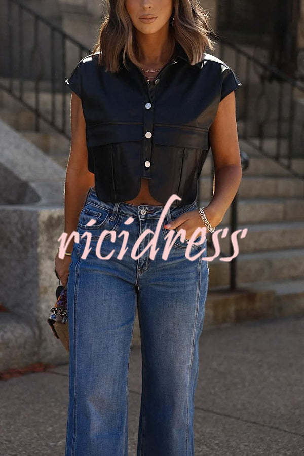 Fashion Faux Leather Pocket Sleeveless Cropped Jacket