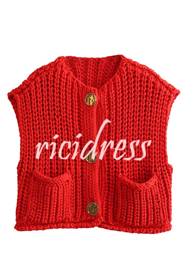 Solid Color Sleeveless Pocket Knitted Vest