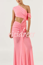 Ceilia Mesh Off Shoulder Cutout Waist Ruched Stretch Maxi Dress