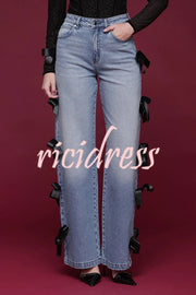 Runway Muse Denim High Rise Bow Trim Pocketed Wide Leg Jeans