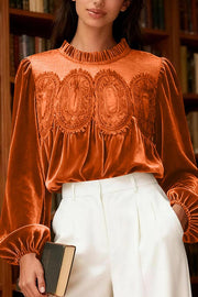 Fashionable Velvet and Lace Patchwork Loose Long-sleeved Top