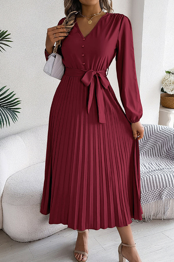 Solid Color Elegant V-neck Buttoned Lace-up Pleated Maxi Dress