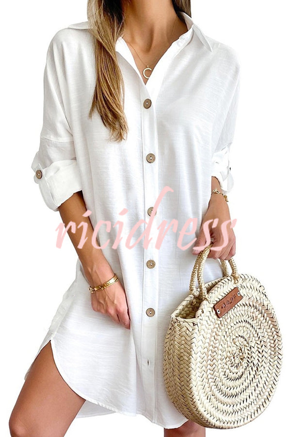 Solid Color Casual Button-Down Shirt Style Mini Dress