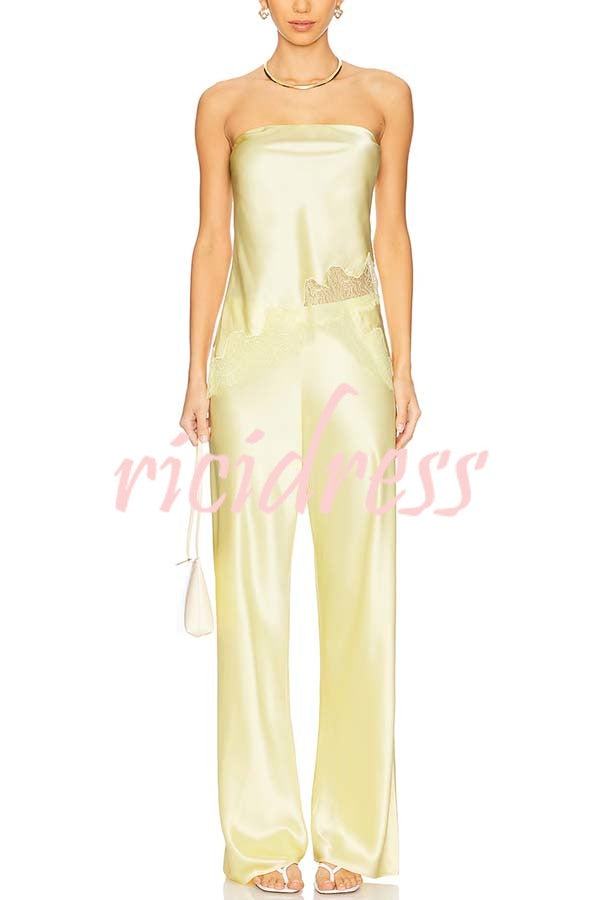 Odessa Satin Floral Lace Hem Strapless Tank and Mid Rise Wide Leg Pants Set