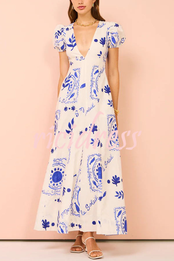 Embrace The Glamour Linen Blend Unique Print Puff Sleeve Pocketed Maxi Dress