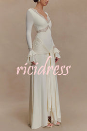 Fashion Lace Splicing Sexy V-neck Long-sleeved Slim Maxi Dress