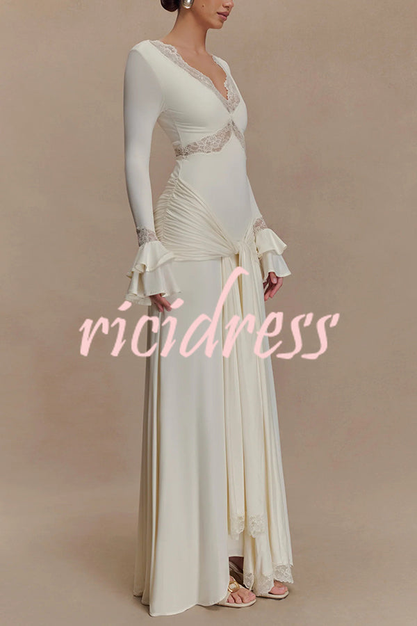 Fashion Lace Splicing Sexy V-neck Long-sleeved Slim Maxi Dress
