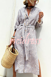 Summer Splendor Printed Button Half Sleeve Belt Loose Shirt Midi Dress