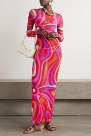 Pool Party Ready Mesh Unique Print Long Sleeve Stretch See-Through Maxi Dress