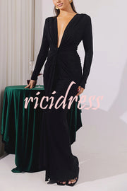 Solid Color Shiny Sexy V-neck Long Sleeve Ribbon Slit Slim Fit Maxi Dress