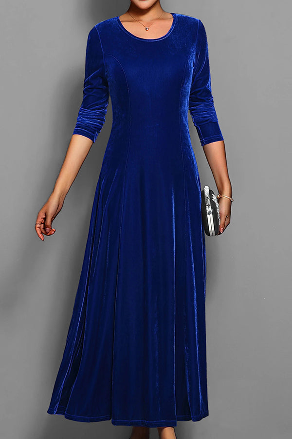 Solid Color Velvet Round Neck Long Sleeve Slim Midi Dress