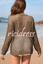 Solid Color Round Neck Long Sleeve Heart Knitted Beach Cover Up