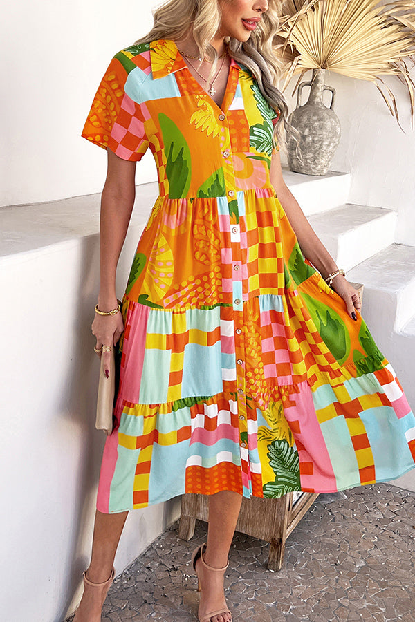 Bohemian Resort Style Print Casual Short Sleeve Button Midi Dress