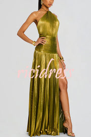 Glamorous Metallic Pleated Fabric Open Back Halter Slit Maxi Dress