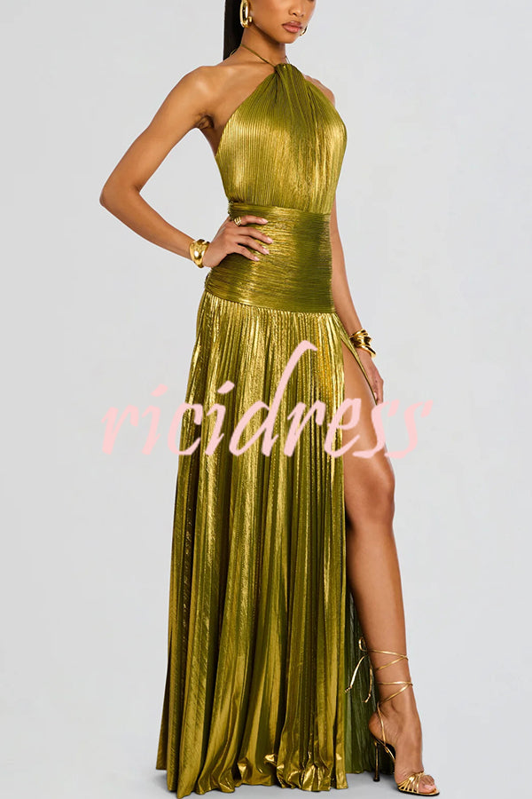 Glamorous Metallic Pleated Fabric Open Back Halter Slit Maxi Dress