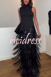 Chic Celebration Layered Sequined Tassels Slip Strapless H-line Midi Dress