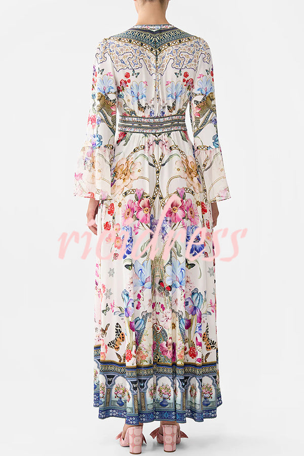 Fairy Tale Print V-Neck Lantern Sleeve Waist Maxi Dress