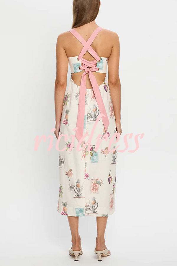Plant Print Sleeveless Square Neck Open Back Tie Casual Midi Dress