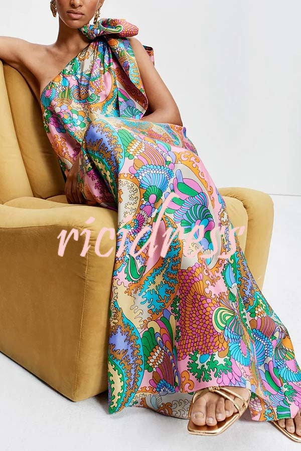 Rainbow Breeze Satin Unique Print Bow One Shoulder Loose Maxi Dress