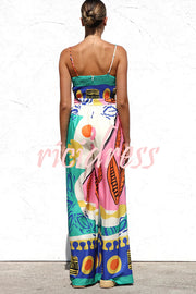 Unique Printed Back Pleated Suspenders Loose Pocket Wide-leg Jumpsuit