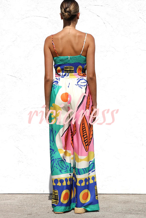 Unique Printed Back Pleated Suspenders Loose Pocket Wide-leg Jumpsuit