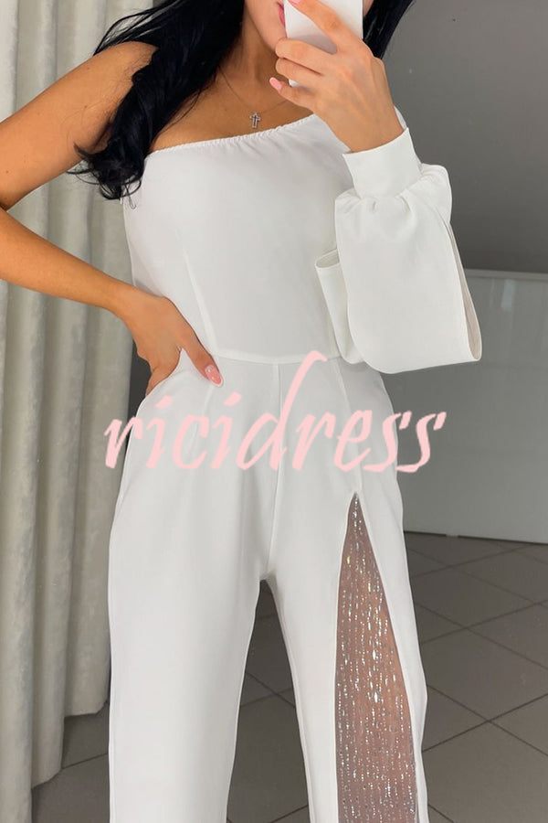 Fashionable Oblique Shoulder One-sleeve Sexy High Slit Slim Jumpsuit