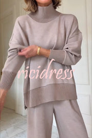 Berner High-Neck Long Sleeve Side Zipper Sweatshirt and Elastic Waist Pocketed Loose Pants Set