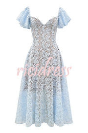 Romantic Atmosphere Bluebell Lace Butterfly Sleeve Sweetheart Neck Stretch Midi Dress