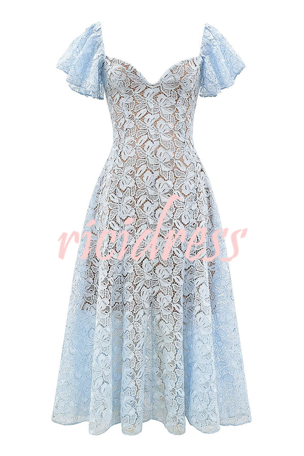 Romantic Atmosphere Bluebell Lace Butterfly Sleeve Sweetheart Neck Stretch Midi Dress