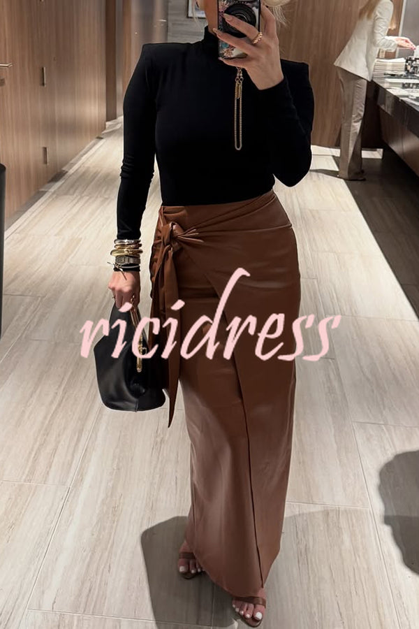 Snappy Casual Slay Faux Leather High Rise Wrap Tie-up Stretch Maxi Skirt