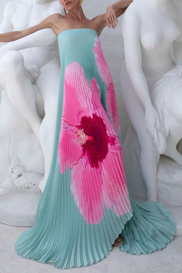 All about Her Pleated Floral Print Off Shoulder A-line Maxi Dress