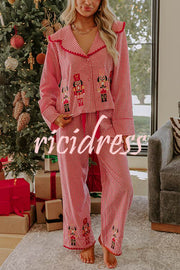 Nutcracker Charm Embroidered Gingham Loose Shirt and Elastic Waist Pajama Set
