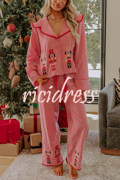 Nutcracker Charm Embroidered Gingham Loose Shirt and Elastic Waist Pajama Set