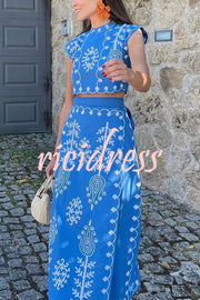 Rima Linen Blend Ethnic Print Crop Top & Tire-up Wrap Midi Skirt Set